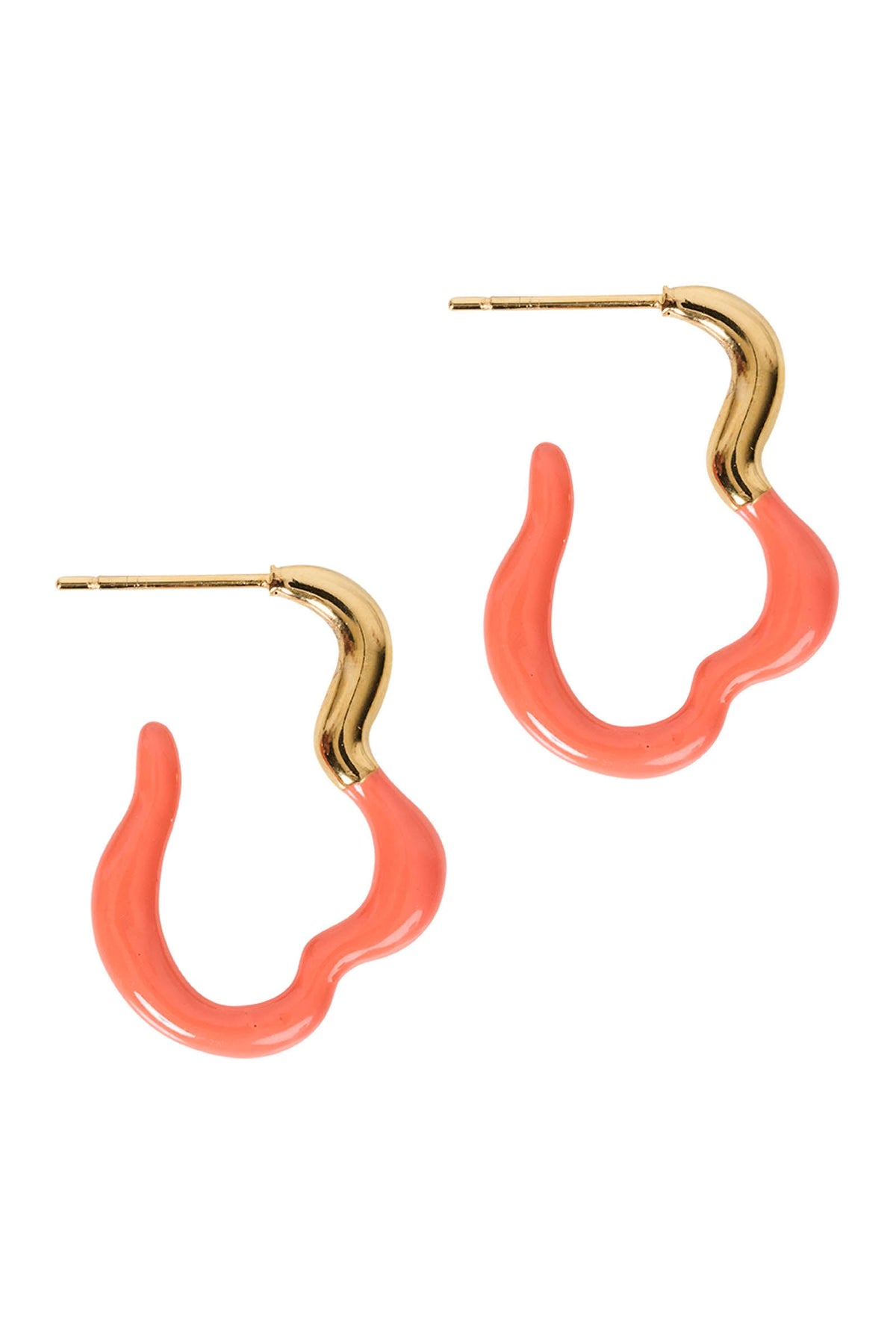 Treville earrings in Coral: a gold-tone stud post curving into a wavy coral enamel loop