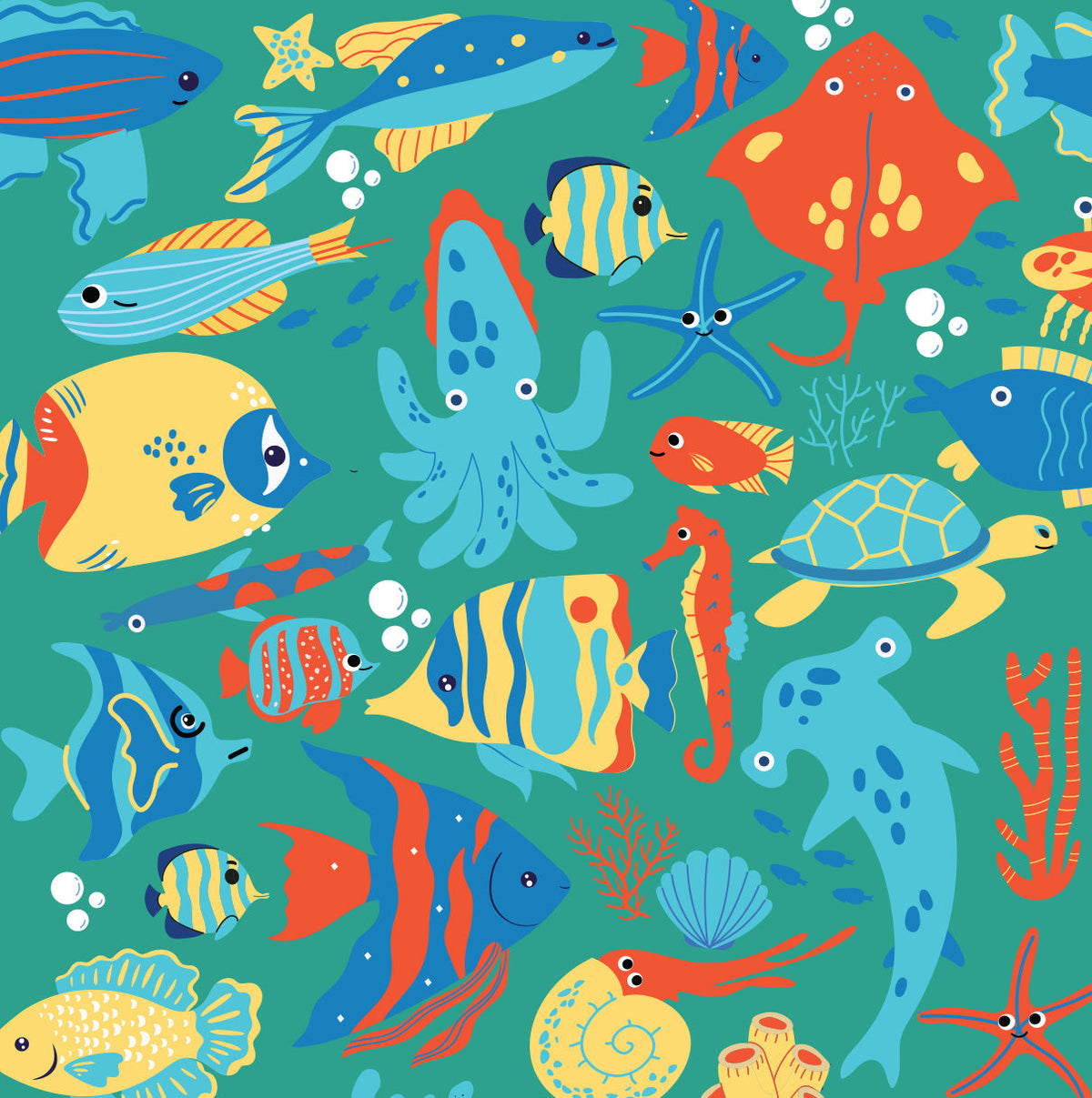 Close-up of the print: tropical fish, an octopus, a stingray, a seahorse and a turtle on green