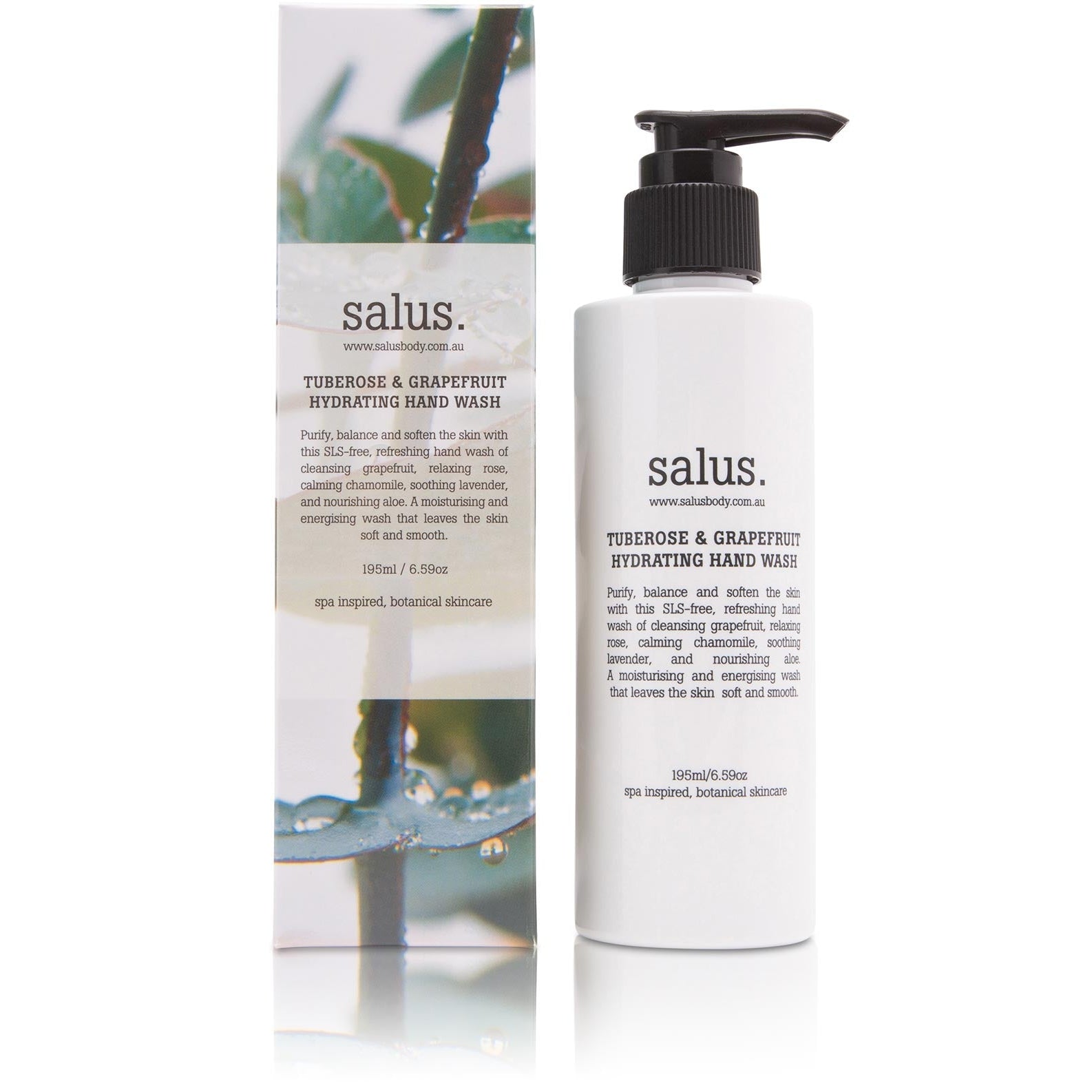 Slim pump bottle of Salus Tuberose & Grapefruit Hydrating Hand Wash with its illustrated box