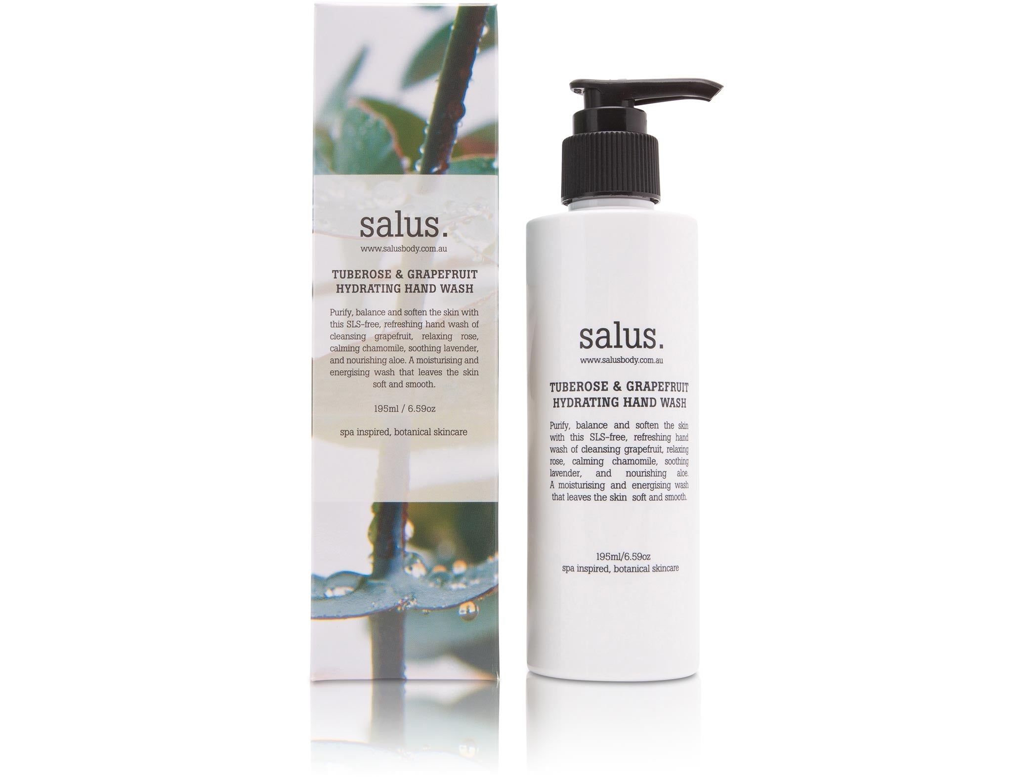 Slim pump bottle of Salus Tuberose & Grapefruit Hydrating Hand Wash with its illustrated box