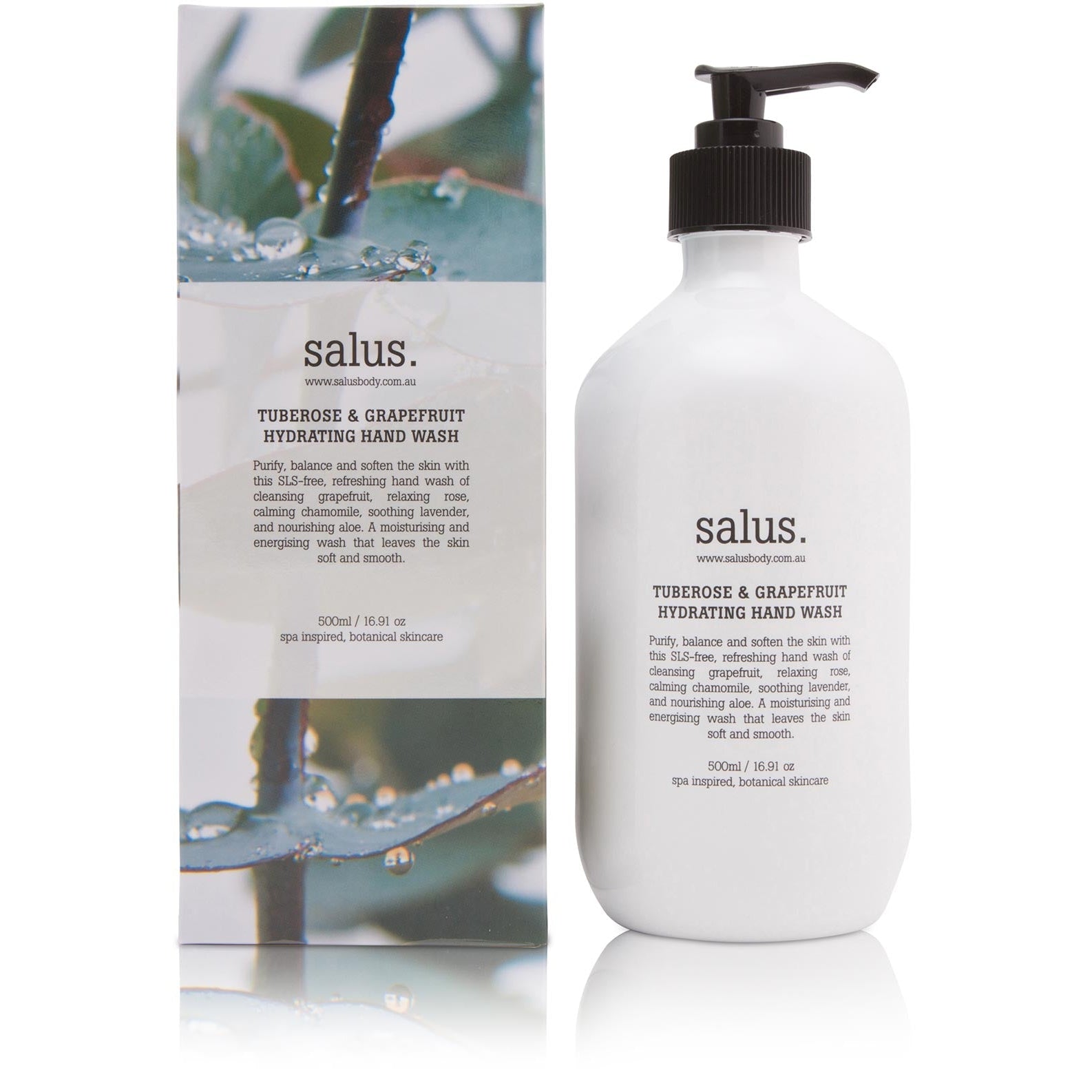 Salus Tuberose & Grapefruit Hydrating Hand Wash 500ml pump bottle beside its botanical-print gift box