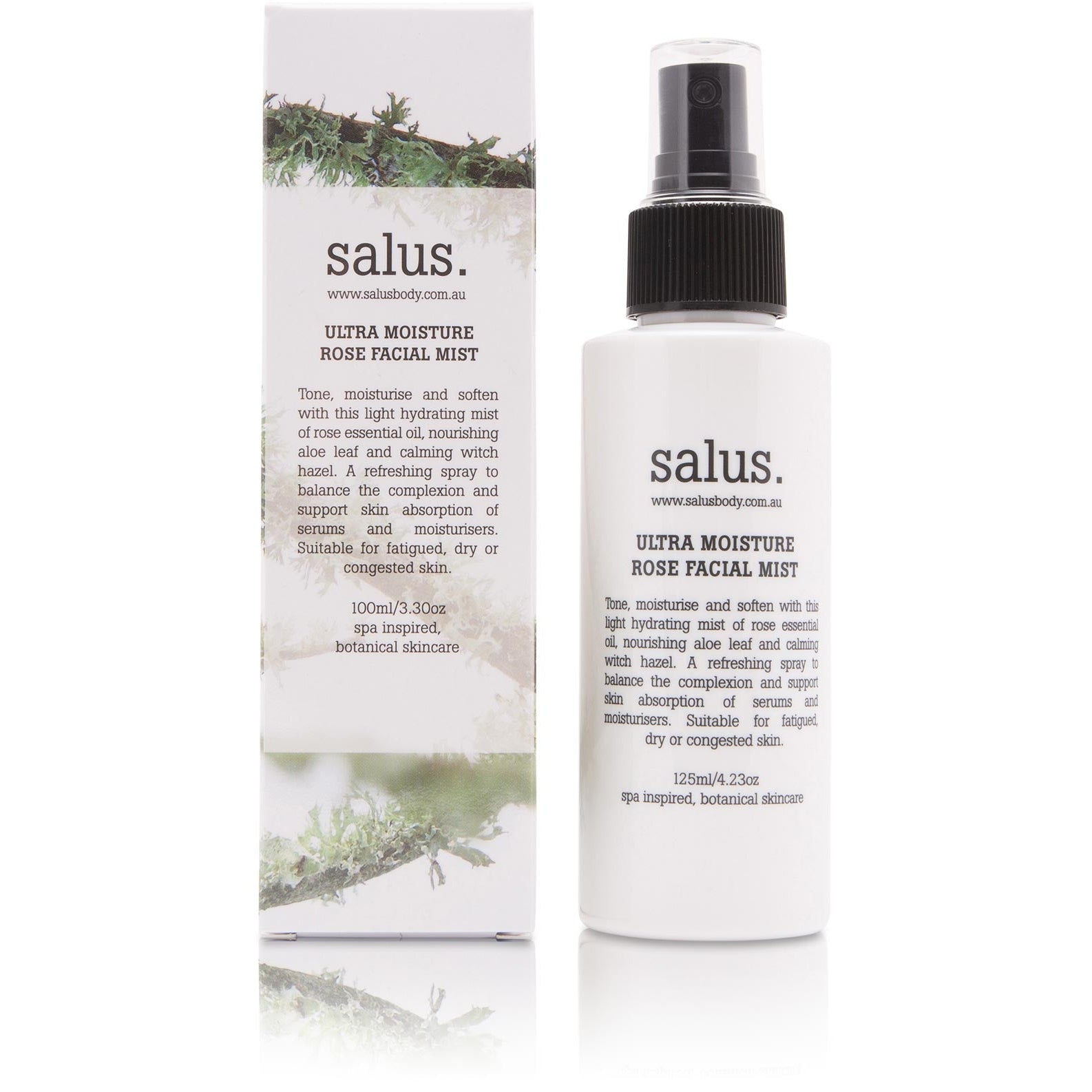 Salus Ultra Moisture Rose Facial Mist spray bottle beside its pine print gift box
