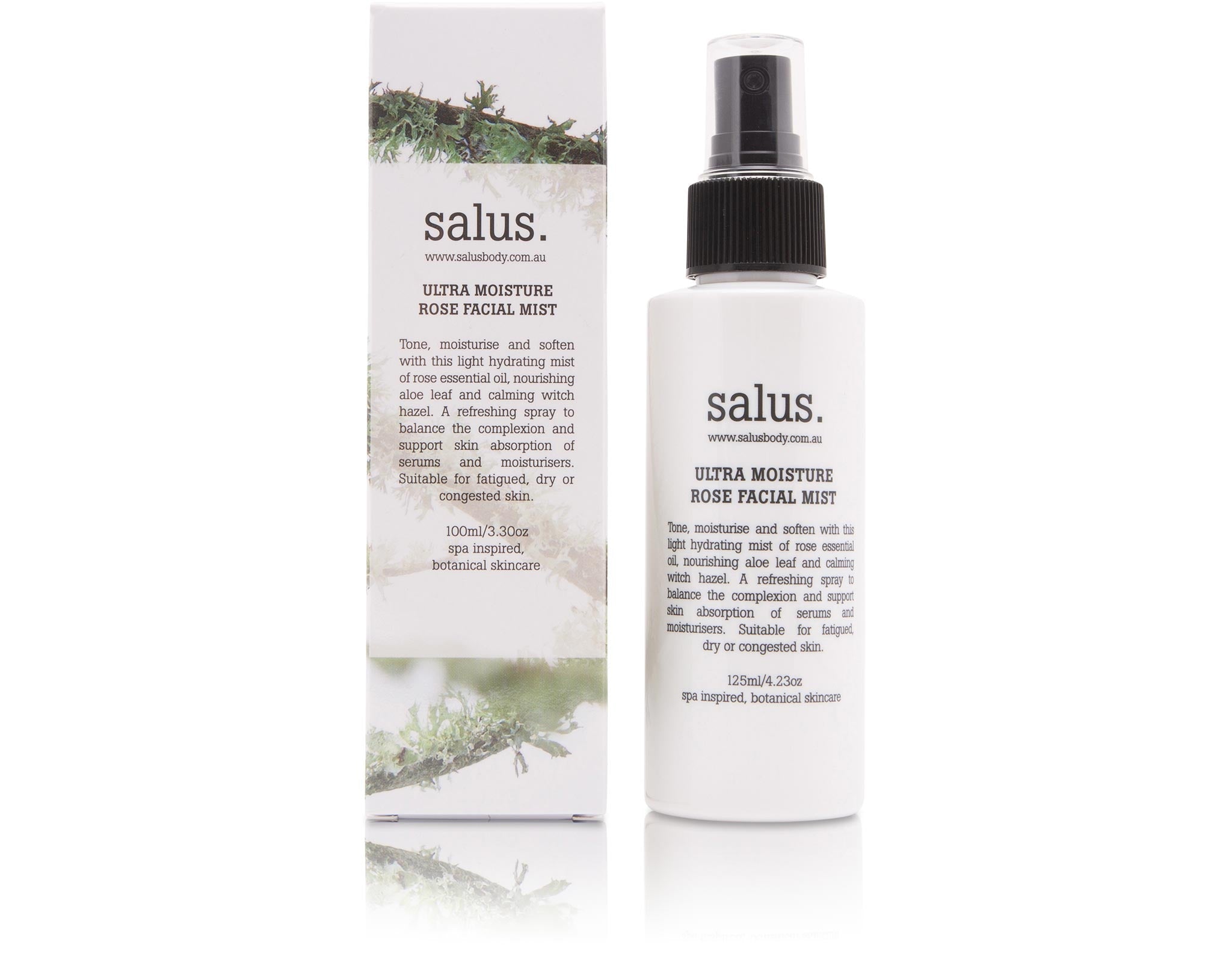 Salus Ultra Moisture Rose Facial Mist spray bottle beside its pine print gift box