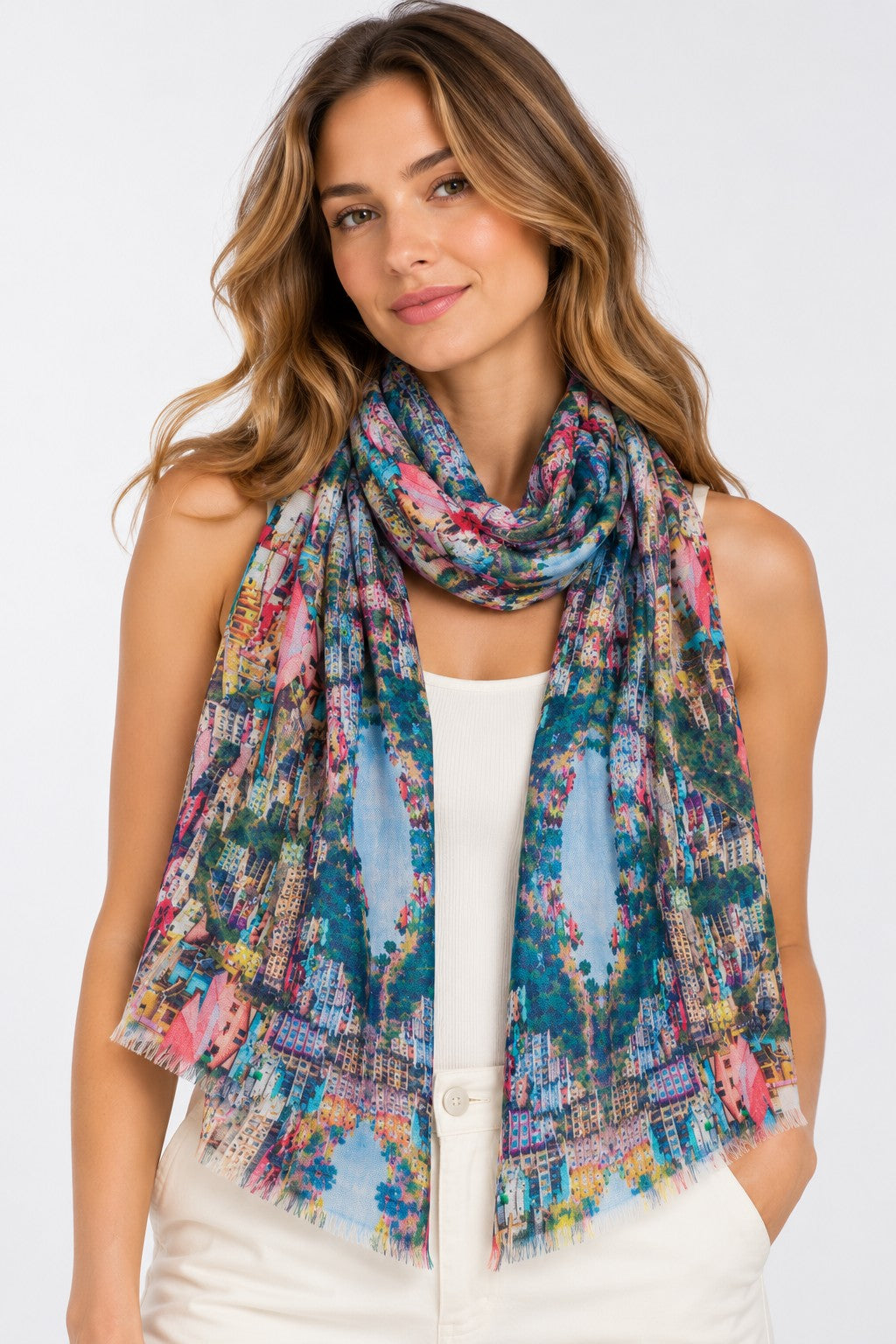 Urban Cityscape cotton modal scarf worn draped around the neck over a white top
