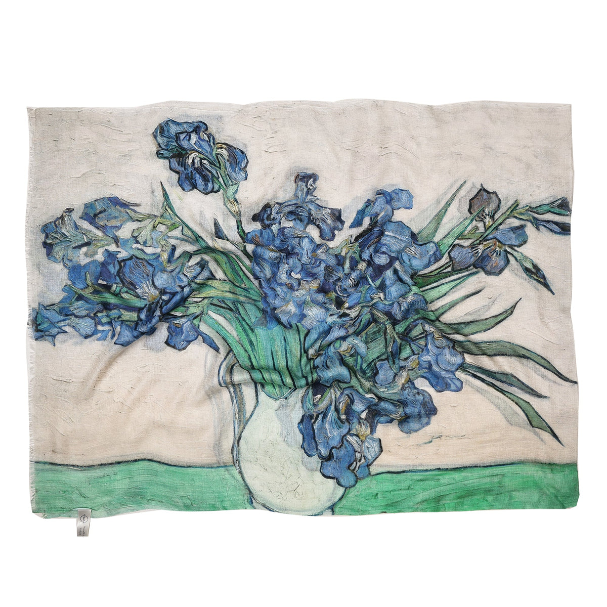 The Irises scarf folded flat, showing the painting of irises in a vase