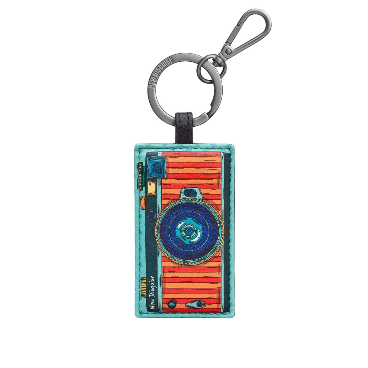 Rectangular Camera keyring printed with a retro camera in orange stripes and aqua, with a big blue lens, on a gunmetal ring and clip.