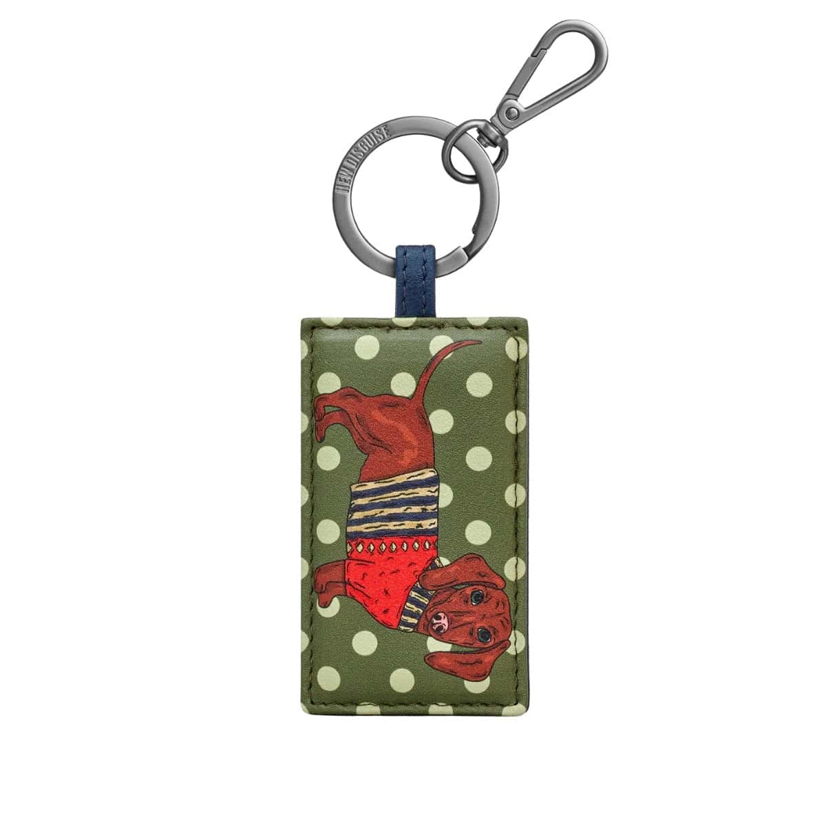 Sausage Dog keyring: a red-brown dachshund in a red and striped jumper on olive green with pale green spots, on a gunmetal ring and clip.