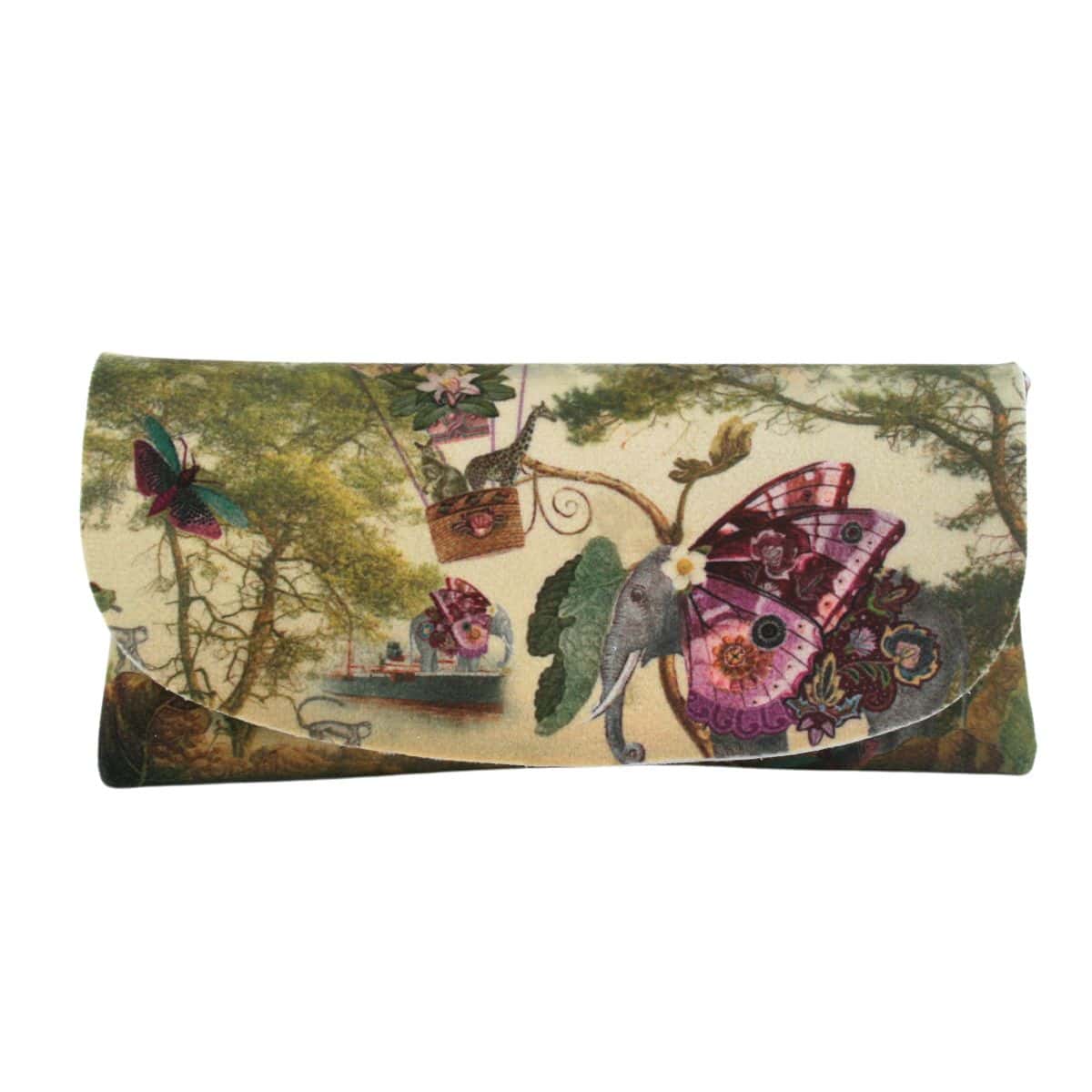 Velour glasses case printed with Isabelle Frioux's Butterfly Elephant: an elephant with purple butterfly wings beside a hot-air balloon.