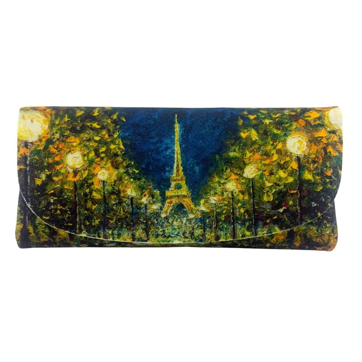 Velour glasses case printed with a painting of the Eiffel Tower at night between lamplit trees.