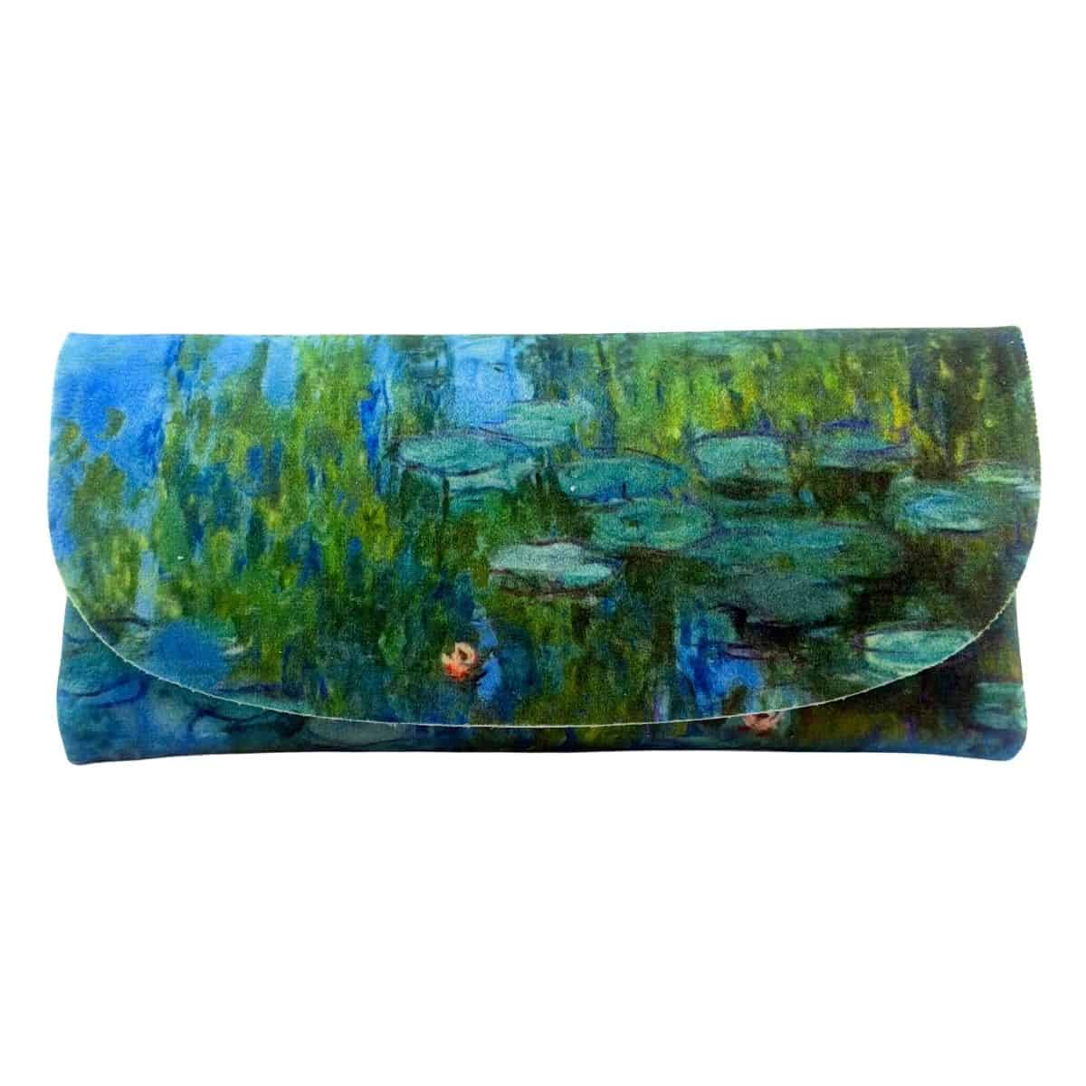 Velour glasses case printed with Monet's Nymphéas: green lily pads on blue-green water.