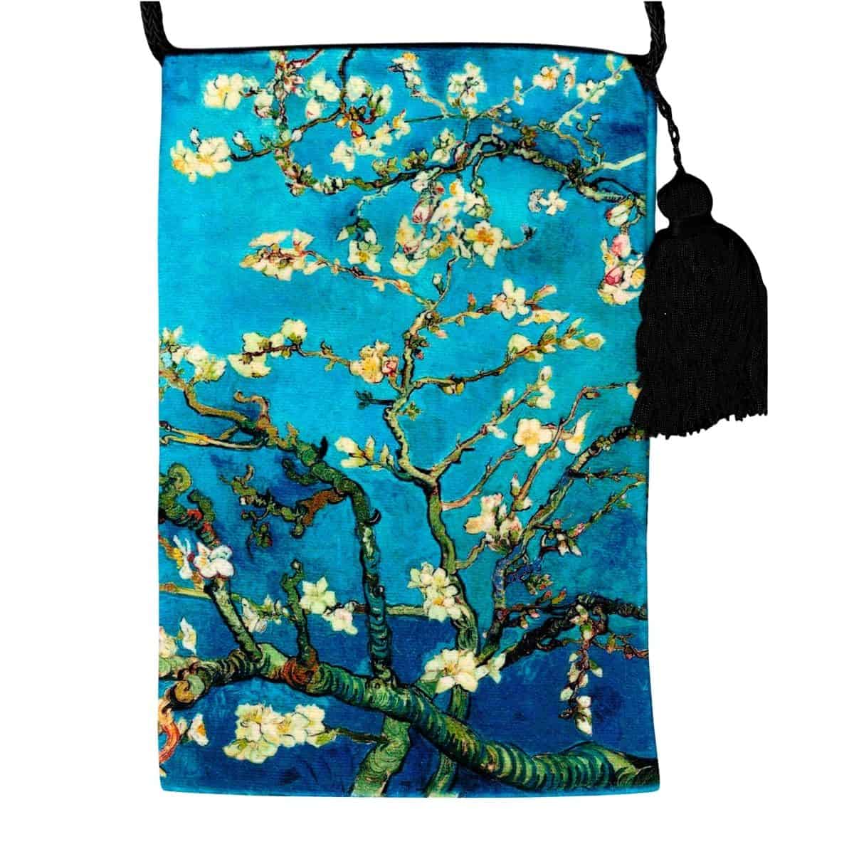Velour shoulder pouch printed with Van Gogh's Almond Blossom on deep blue, with a black cord strap and tassel.