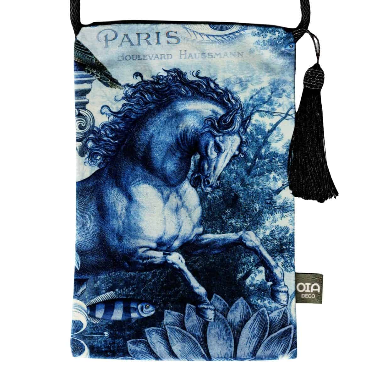 Velour shoulder pouch printed in blue with a rearing horse below the words Paris Boulevard Haussmann, with a black cord strap and tassel.