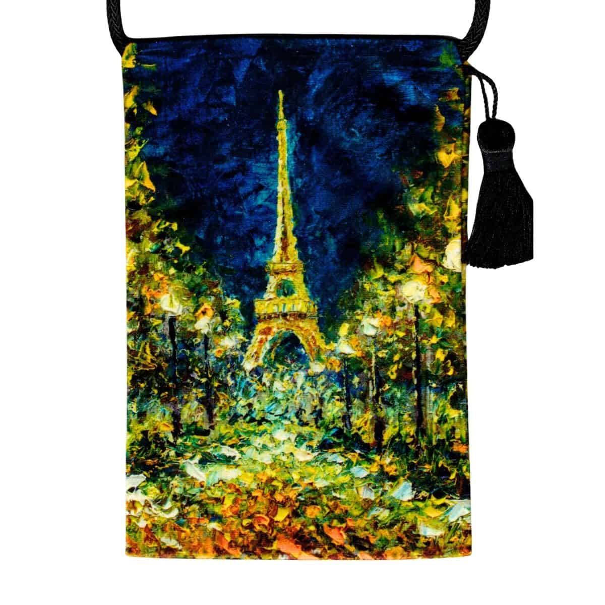 Velour shoulder pouch printed with the Eiffel Tower at night between lamplit trees, with a black cord strap and tassel.