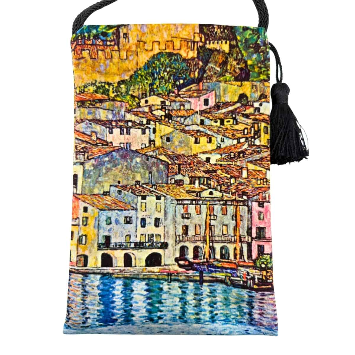 Velour shoulder pouch printed with Klimt's Malcesine: pastel houses above a lake, with a black cord strap and tassel.