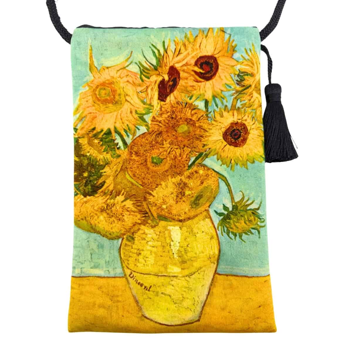 Velour shoulder pouch printed with Van Gogh's Sunflowers in a yellow vase on blue-green, with a black cord strap and tassel.