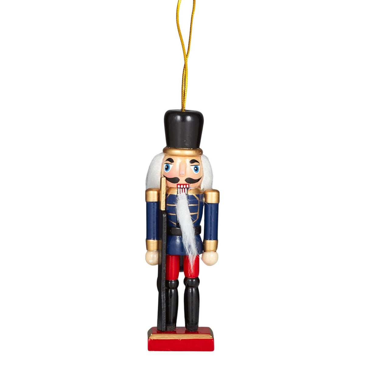 Wooden nutcracker ornament in a blue coat and red trousers with a tall black hat and a black staff, on a gold cord loop.