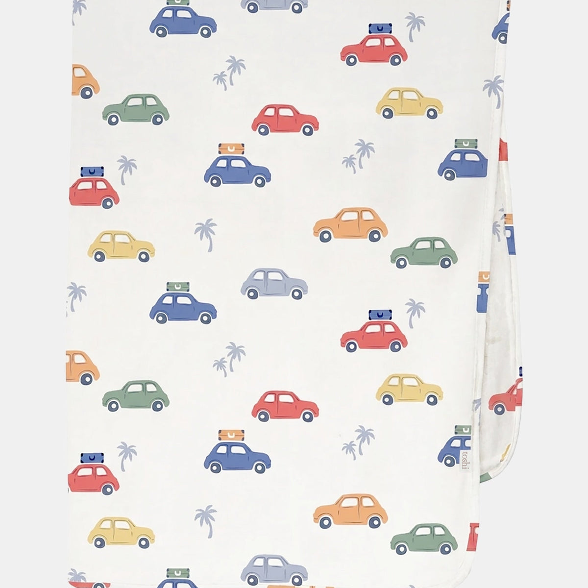 Toshi Arcadia Big Mini muslin wrap in white cotton printed with colourful vintage cars and palm trees, folded