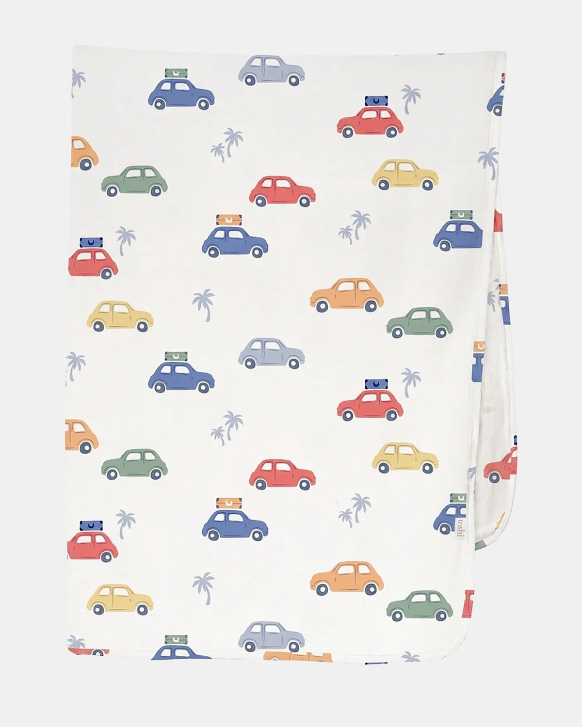 Toshi Arcadia Big Mini muslin wrap in white cotton printed with colourful vintage cars and palm trees, folded