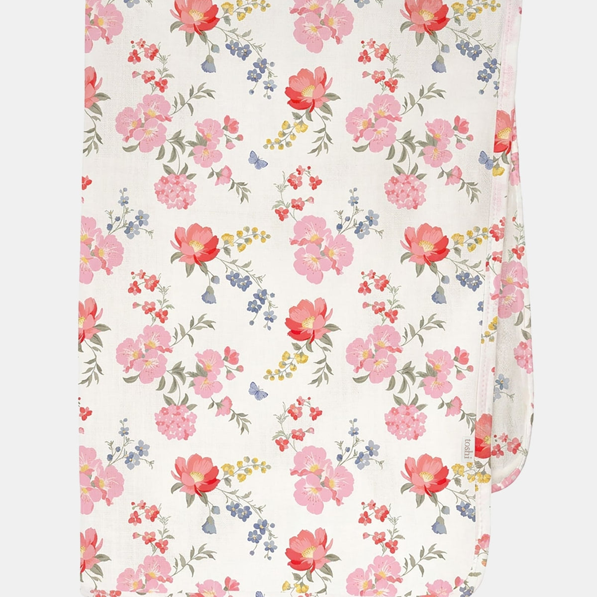 Toshi Arcadia Wild Garden muslin wrap in white cotton printed with pink and coral florals with blue blooms, folded