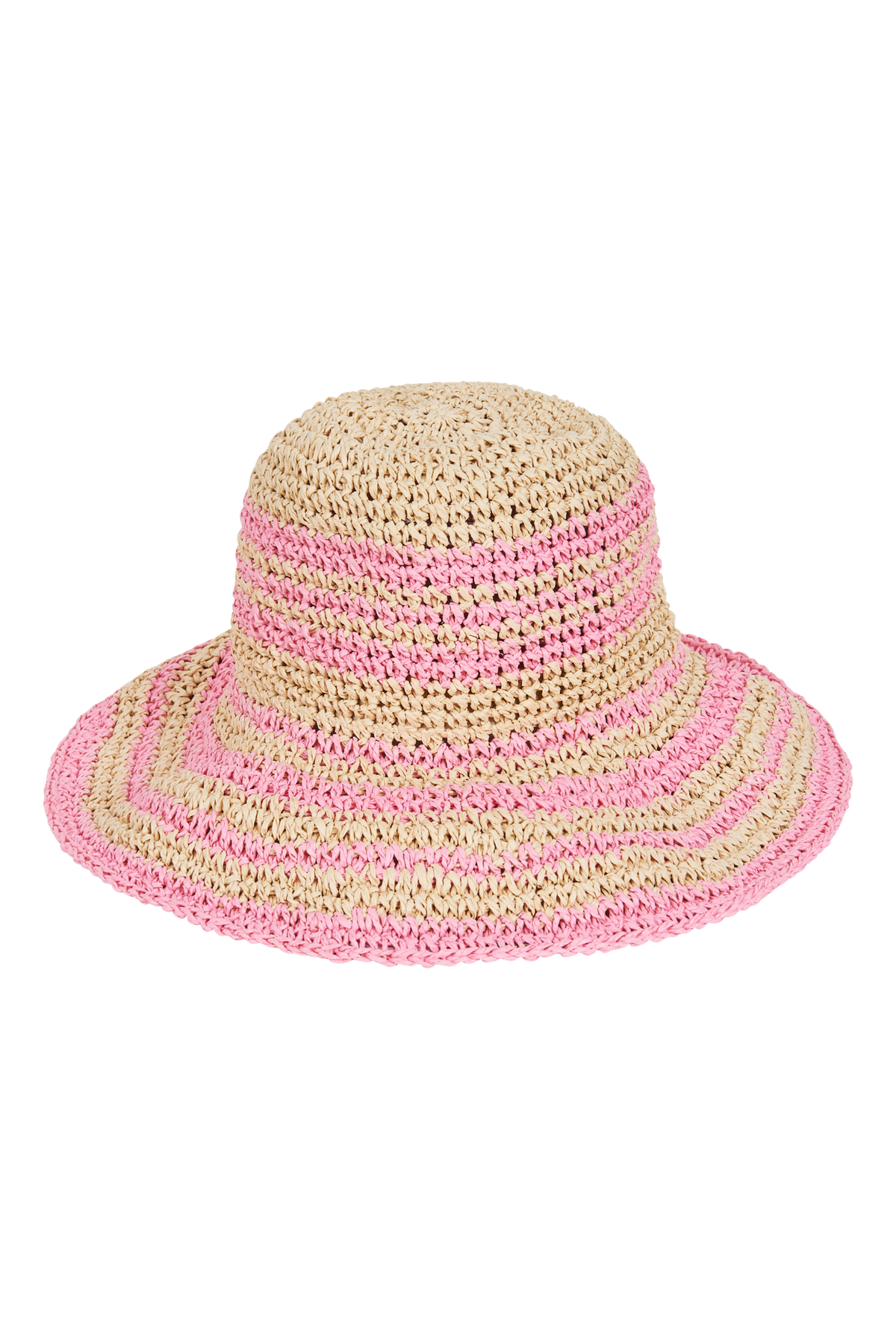 Crocheted straw bucket hat striped in natural and pink, on a black background