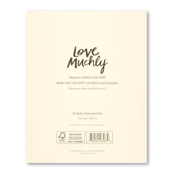 Back of the Love Muchly thank you card noting FSC-certified recycled paper and artist Carolyn Gavin