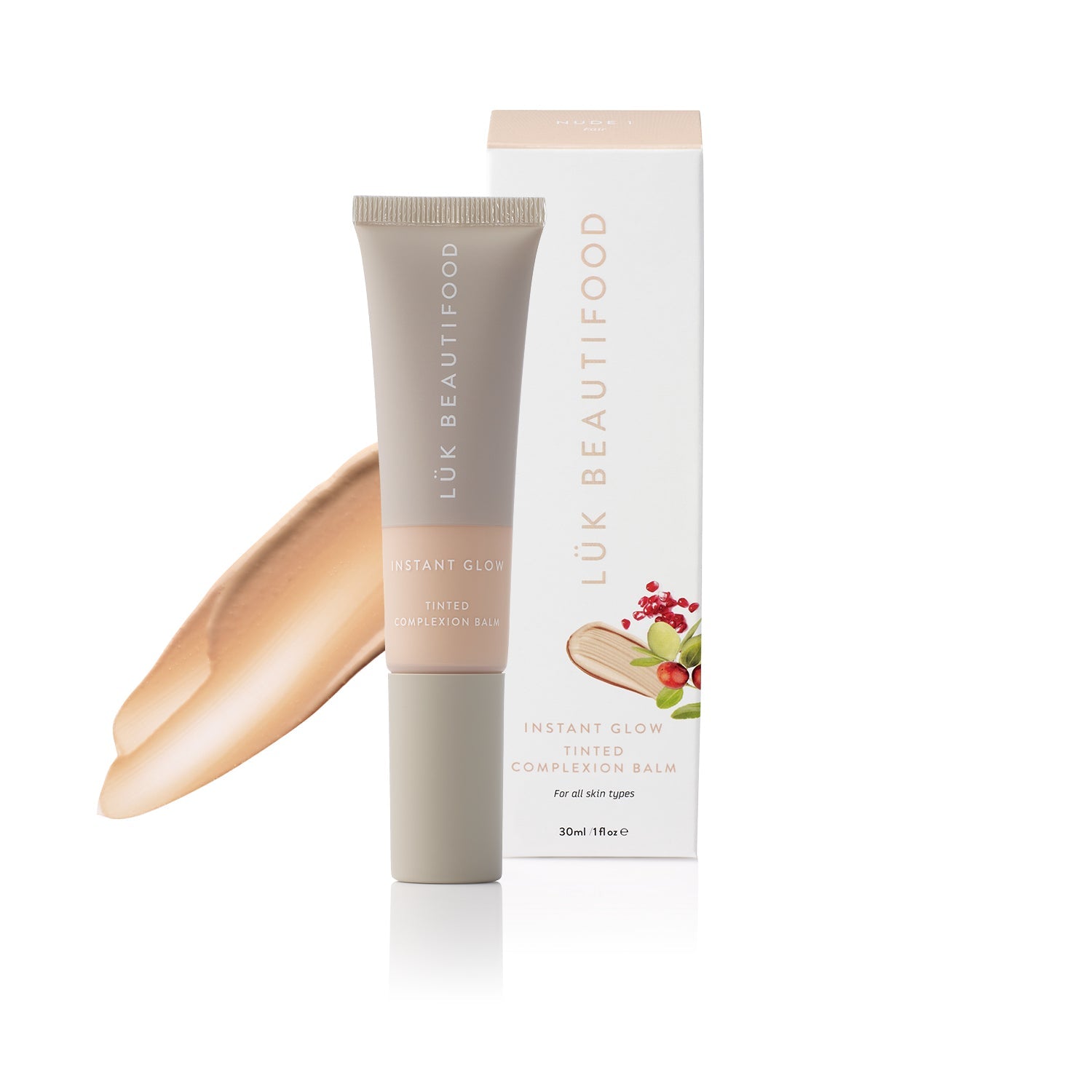 Lük Beautifood Instant Glow Skin Tint in Nude 1 - Fair — product and packaging