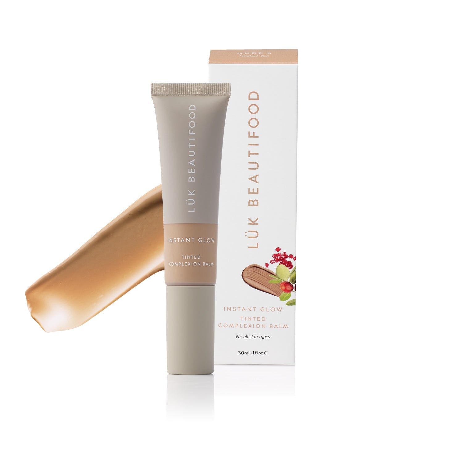 Lük Beautifood Instant Glow Skin Tint in Nude 5 - Medium Tan — product and packaging
