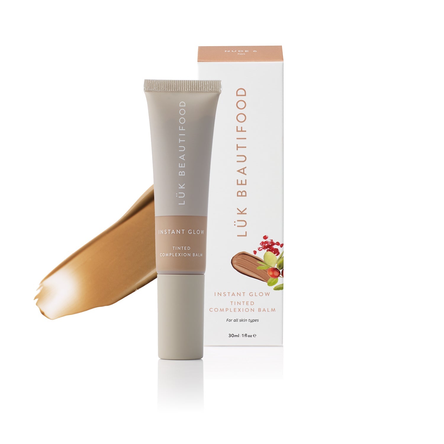 Lük Beautifood Instant Glow Skin Tint in Nude 6 - Tan — product and packaging