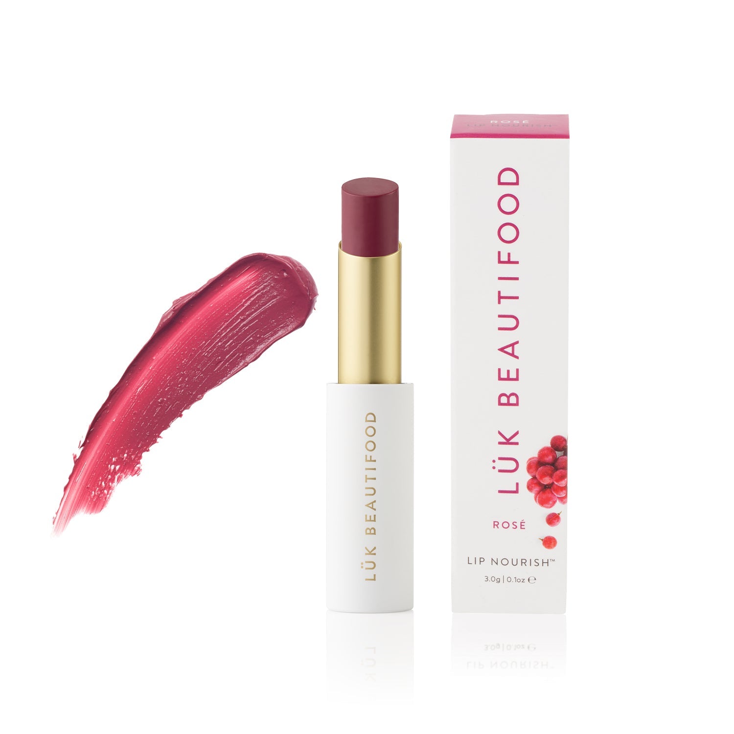 Lük Beautifood Lip Nourish natural lipstick in Rosé — stick and box with colour swatch