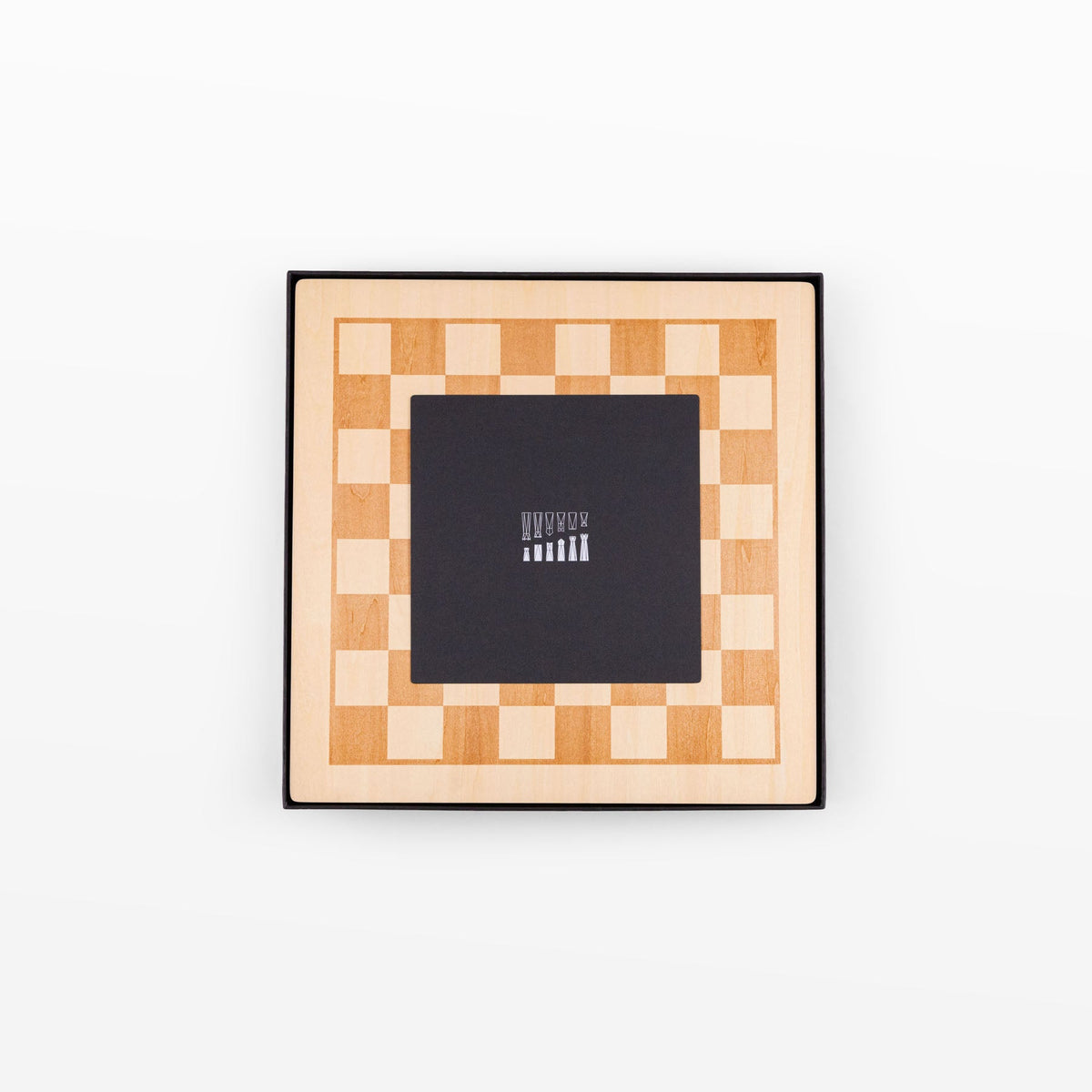 Top view of the Planet Finska chess board in its charcoal gift box