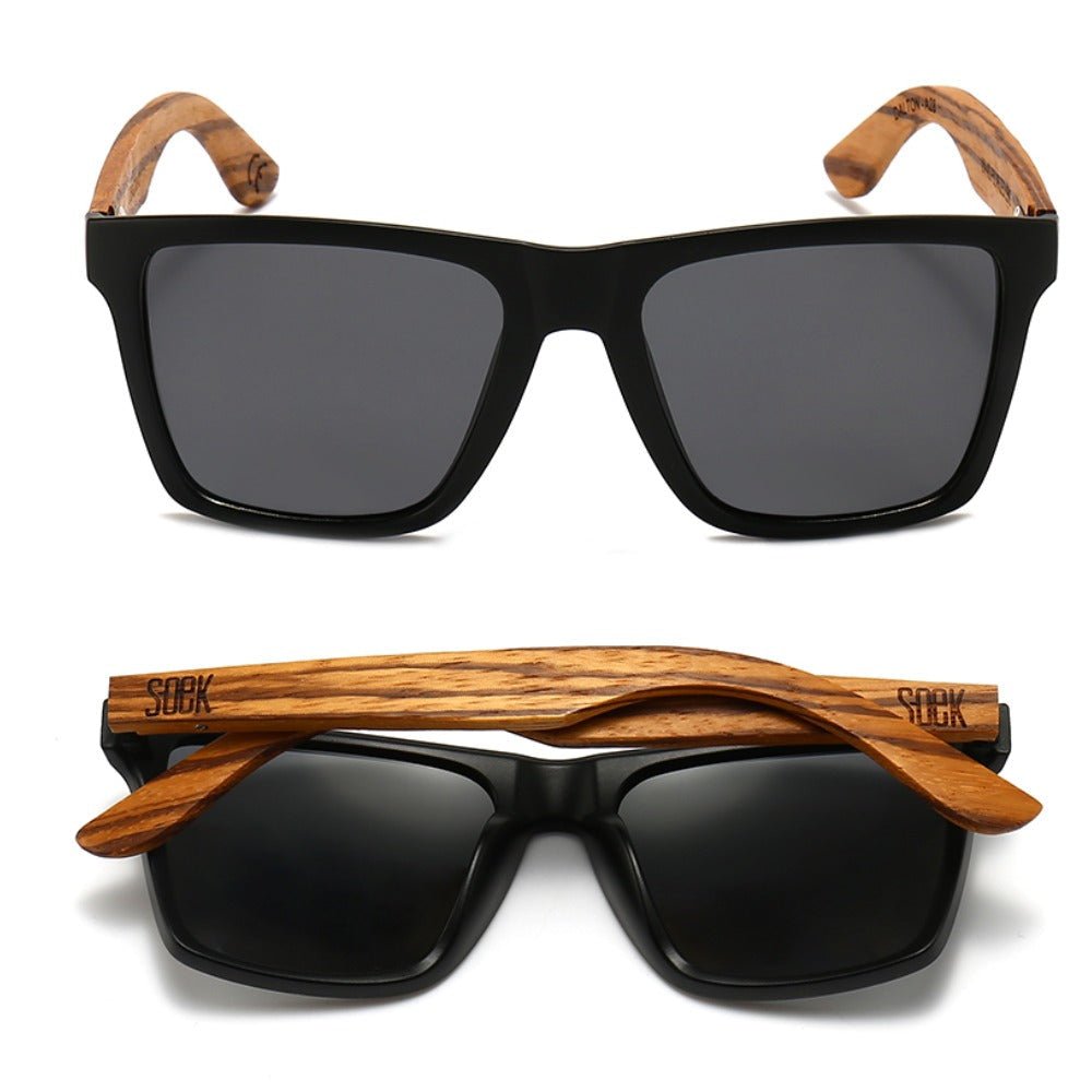 Two pairs of Dalton sunglasses, one front-on and one folded, showing the zebrawood arms