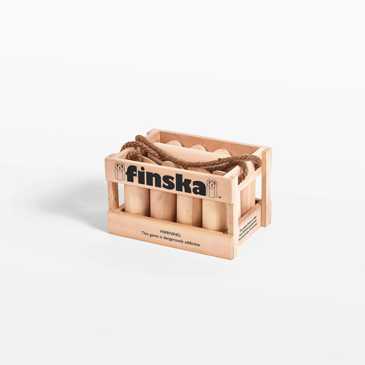Finska set packed in its birch crate with rope handle and swing tag