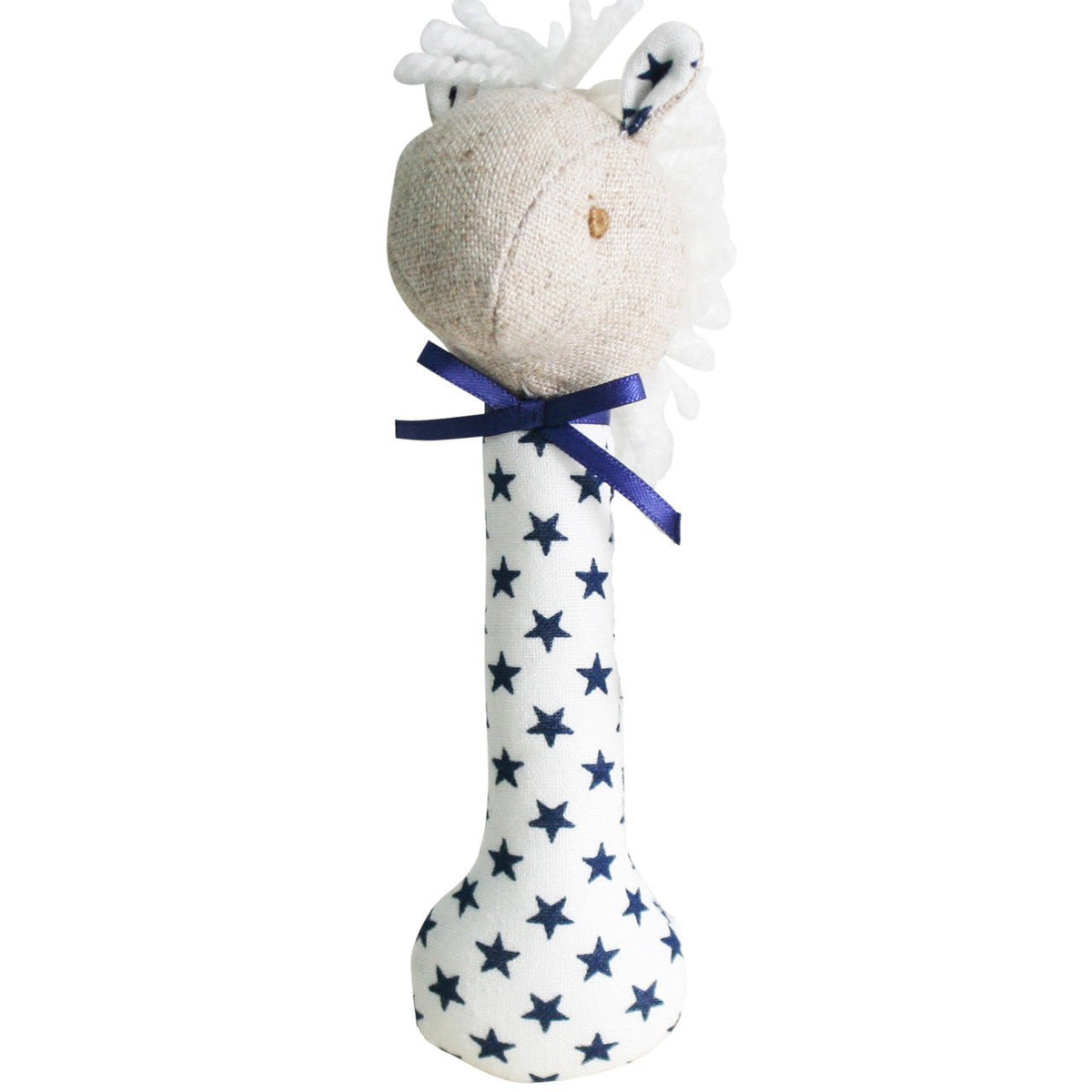 Horse stick rattle with a white mane, star-print ears and a navy ribbon bow on a white handle with navy stars