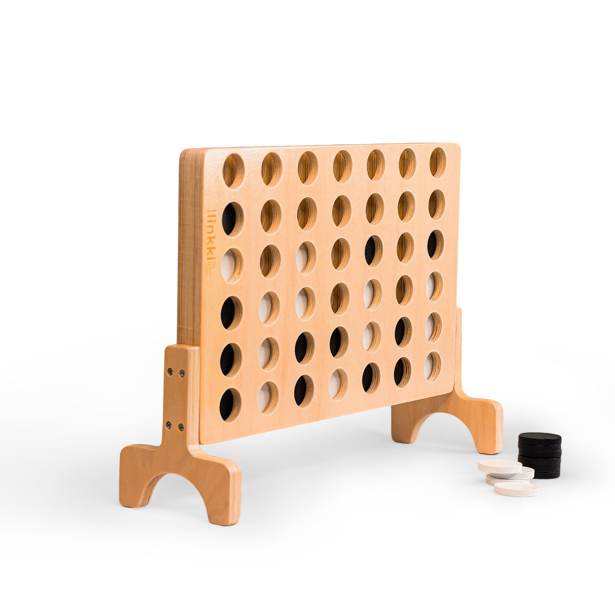 Angled view of the empty Linkki 39 linden plywood board on its arched legs