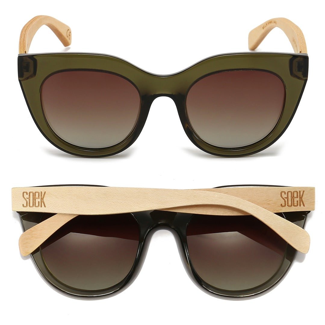 Milla Khaki sunglasses front-on and folded from above, with Soek engraved on the pale maple arms