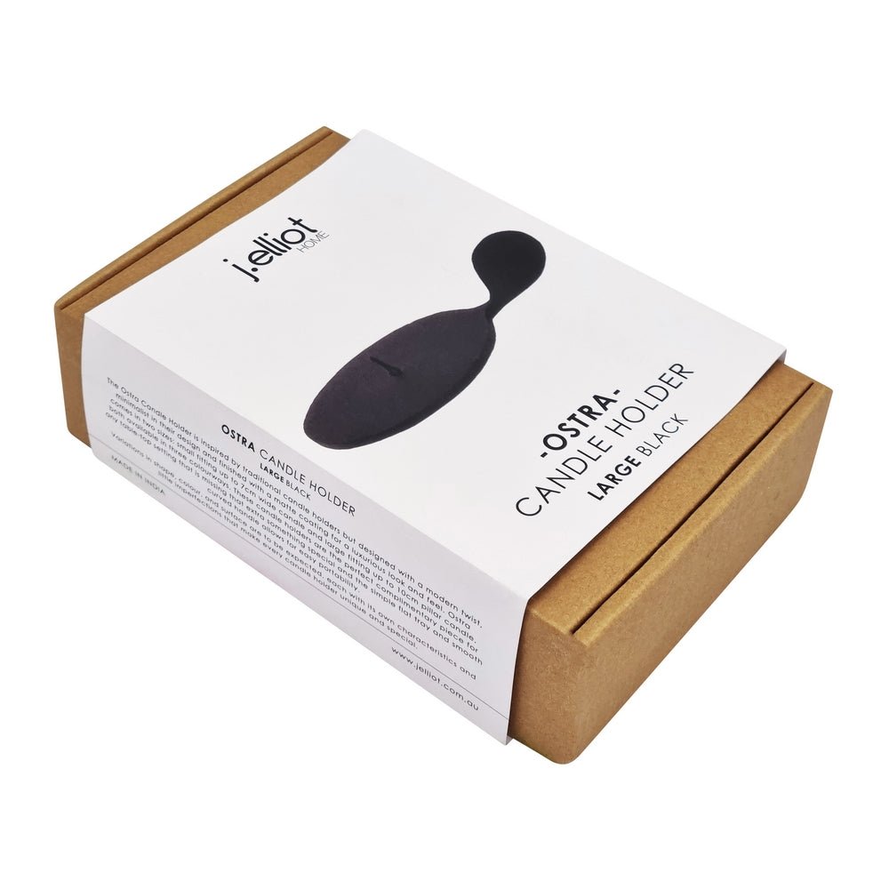 Ostra large black candle holder in its J.Elliot kraft and white gift box