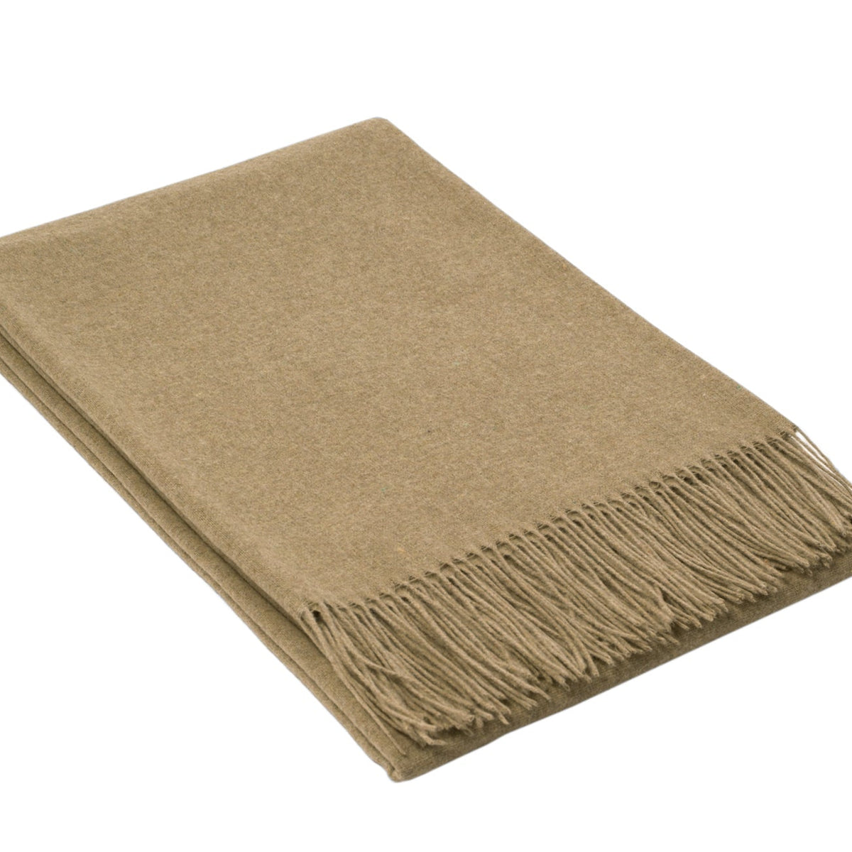 Camel-coloured merino wool blend throw folded with a knotted fringe along the front edge