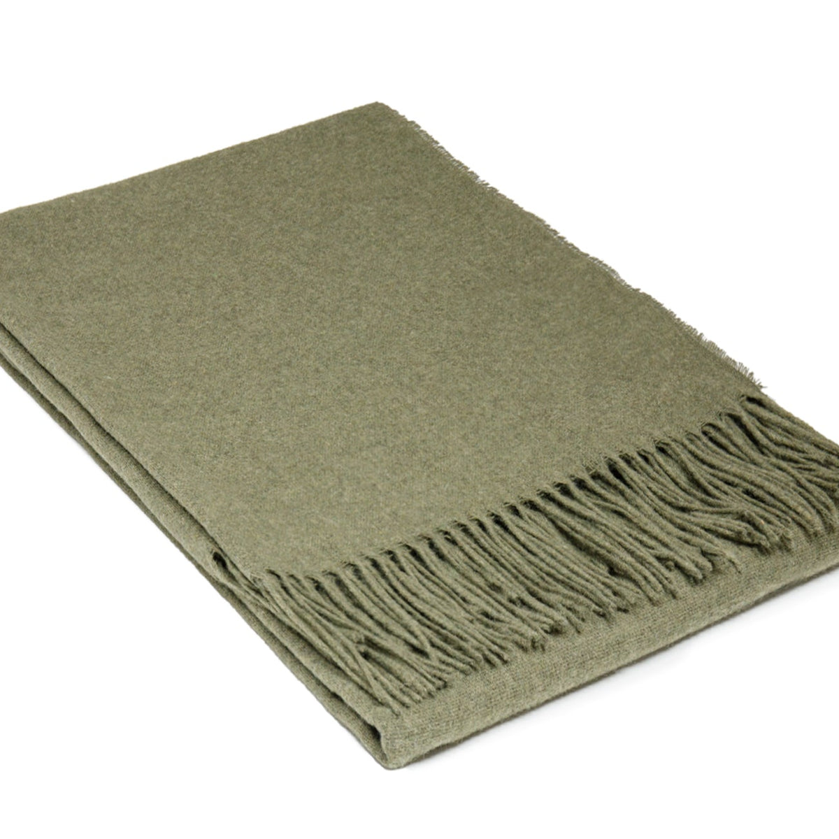 Olive green merino wool blend throw folded neatly with a knotted fringe along one edge