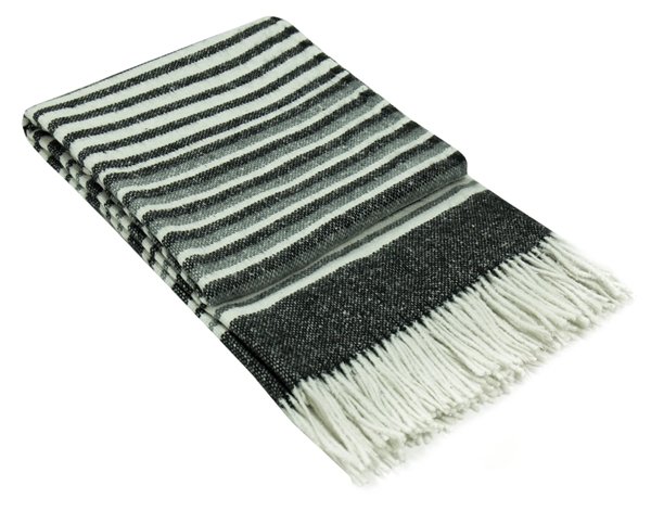 Black and cream striped reclaimed wool throw folded with a knotted fringe at the end