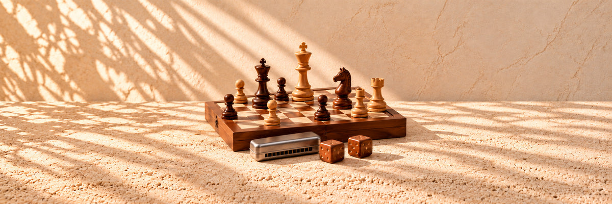 A wooden chess set with a harmonica and two wooden dice