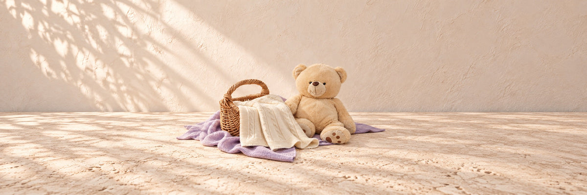 A teddy bear beside a wicker basket and a cream cable-knit baby blanket