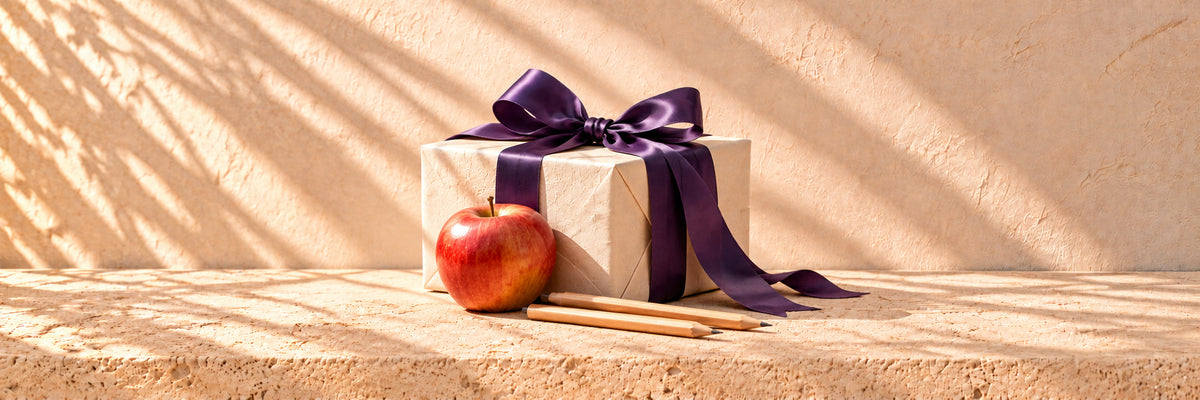An ivory parcel with purple satin, a red apple and two plain wooden pencils
