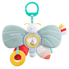 Sophie la girafe butterfly activity toy with a rattle window and a yellow teething ring, on a clip