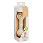 The cream teething rattle standing in its printed retail carton, which has a clear front panel and the Sophie la Girafe logo.