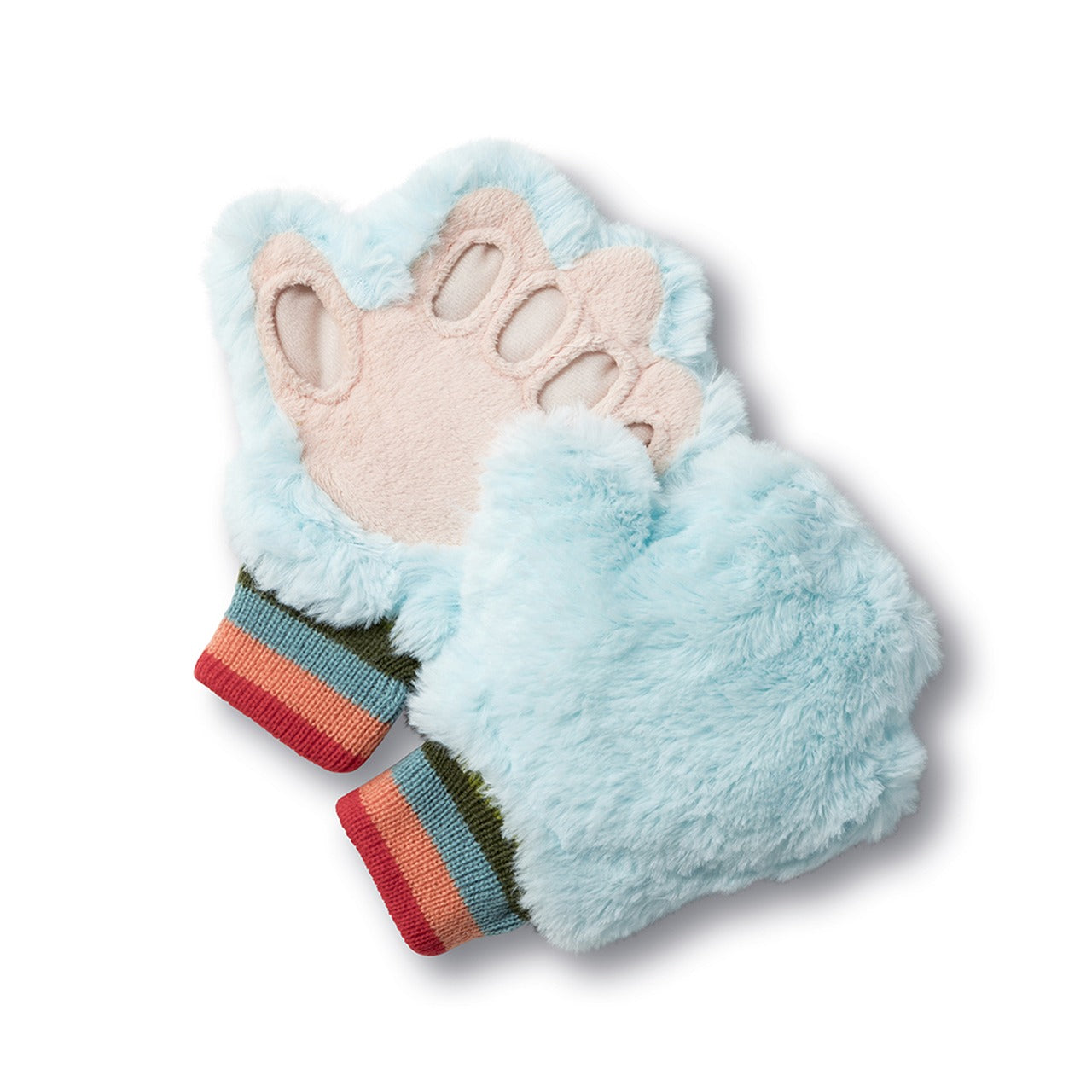 A single pale blue plush paw mitt seen from the side, showing its striped cuff