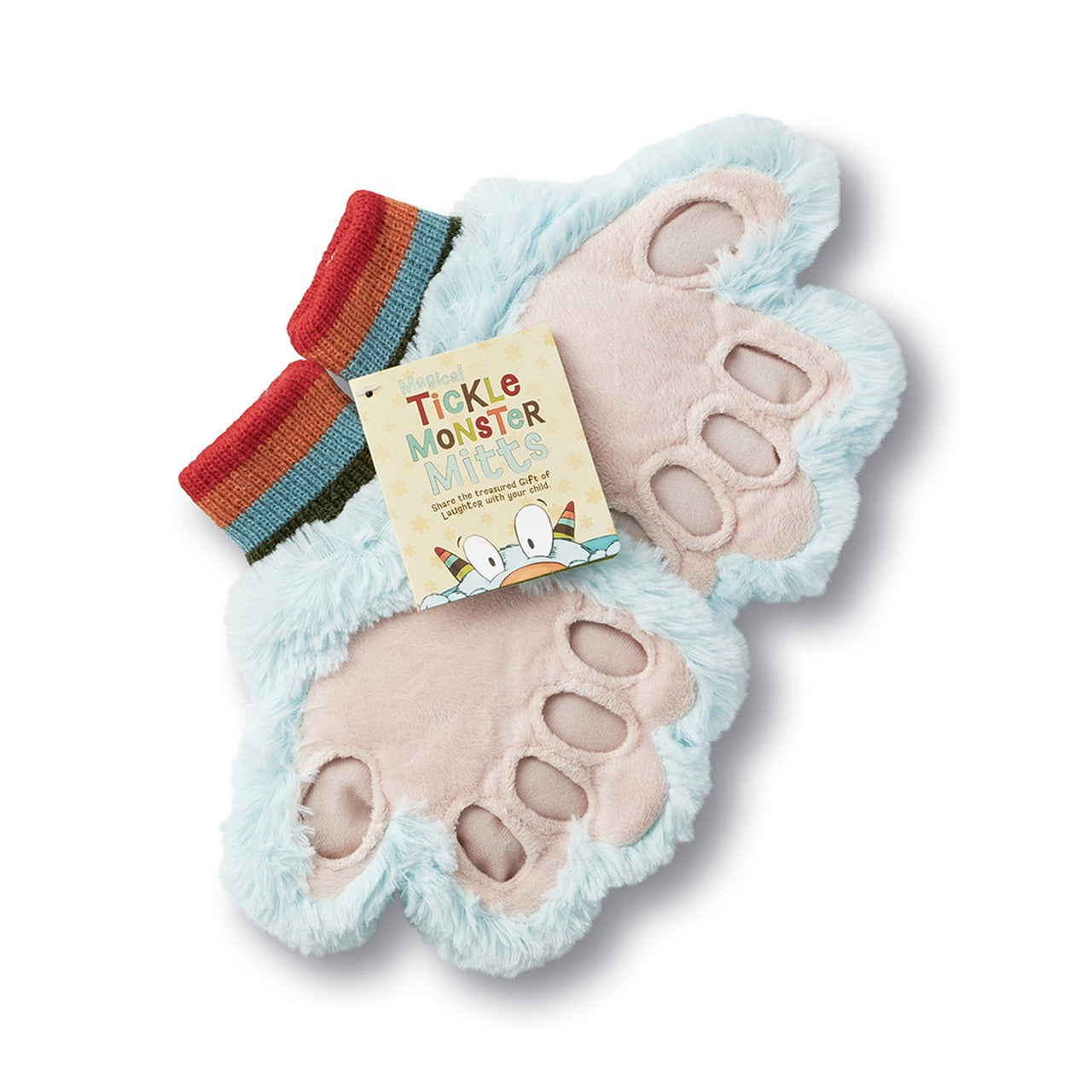 Two pale blue plush paw mitts with striped cuffs, joined by a Tickle Monster header card