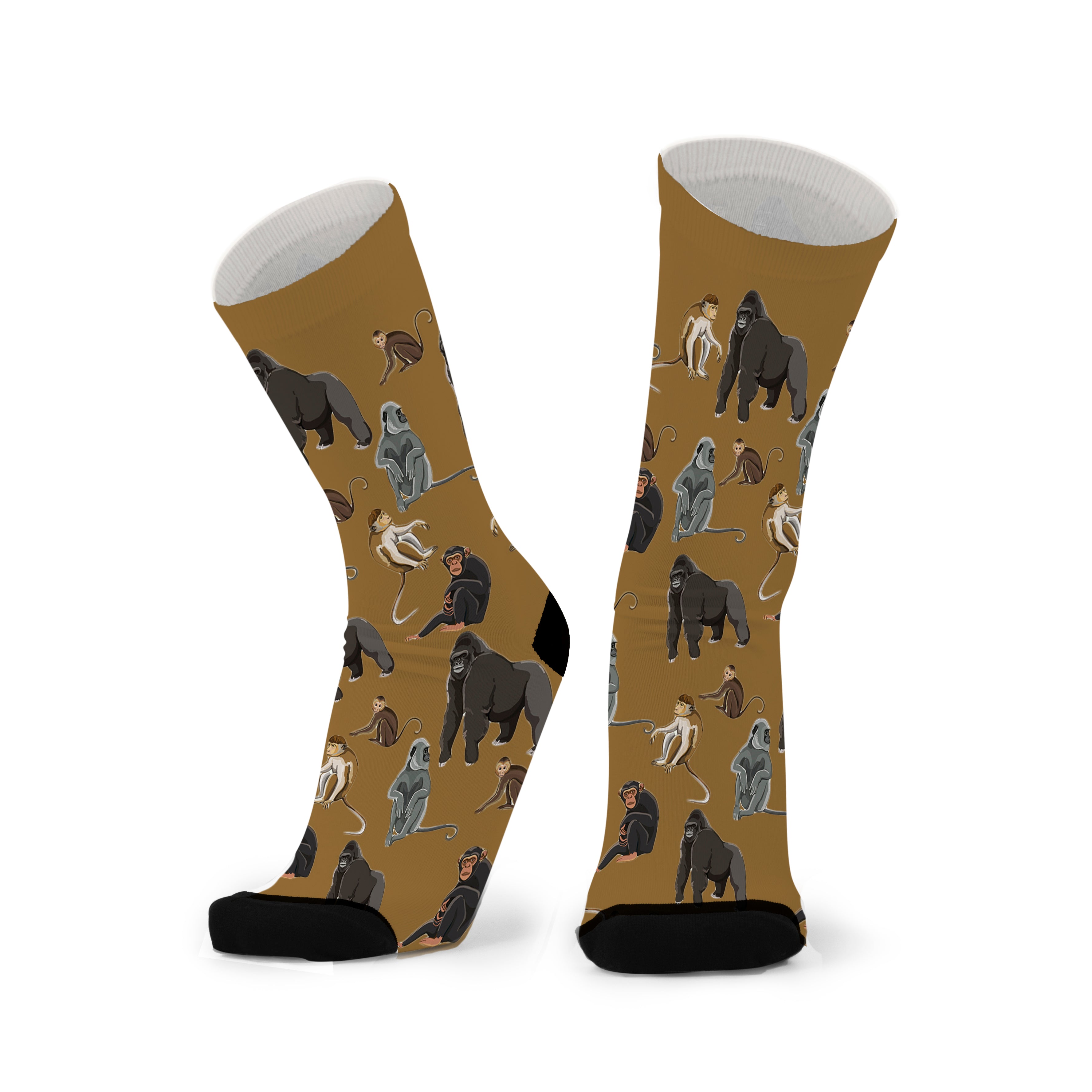Pair of warm tan socks with black toes, printed with gorillas, apes and monkeys in grey and brown.