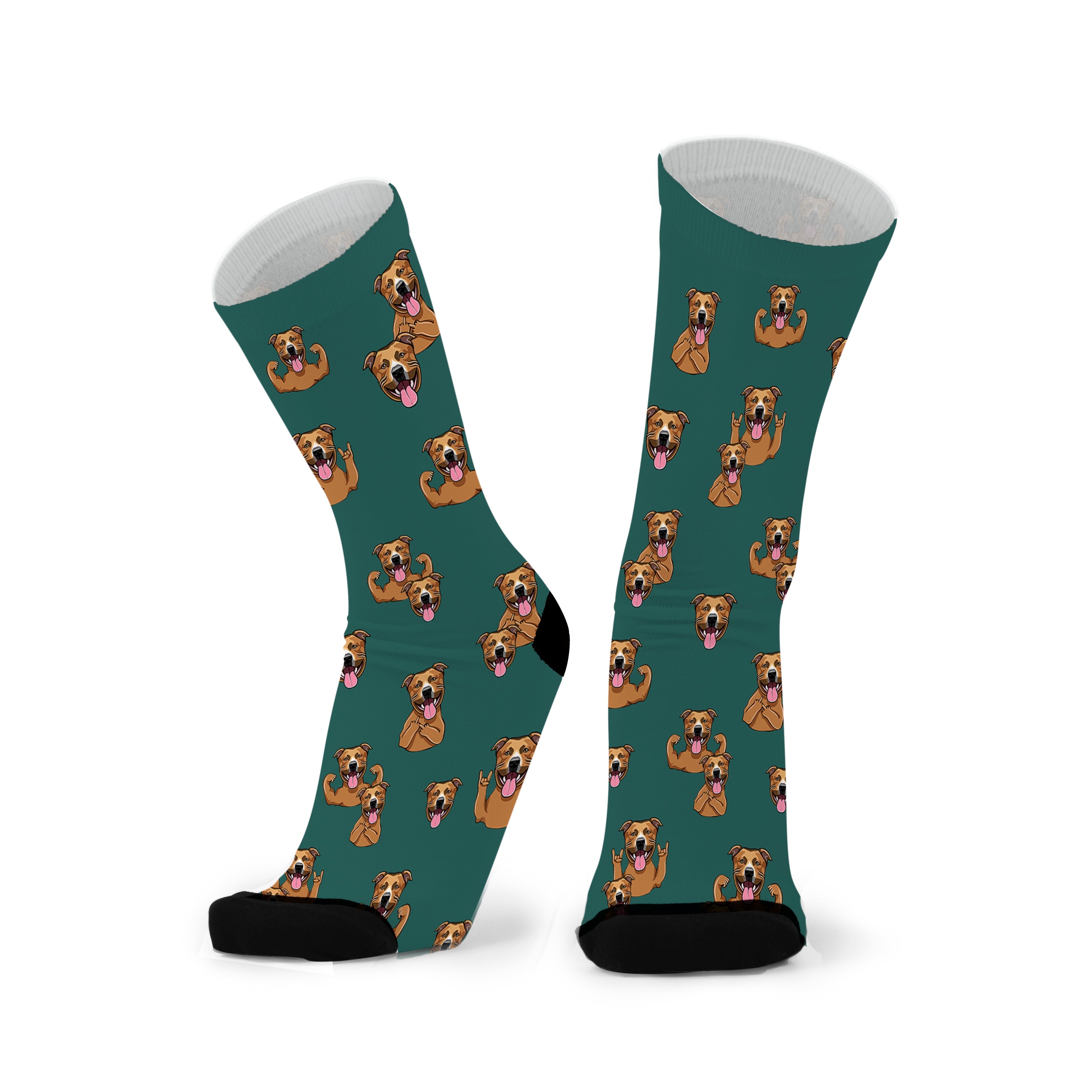Pair of deep forest green socks with black toes, printed with tan boxer dogs with their ears up.