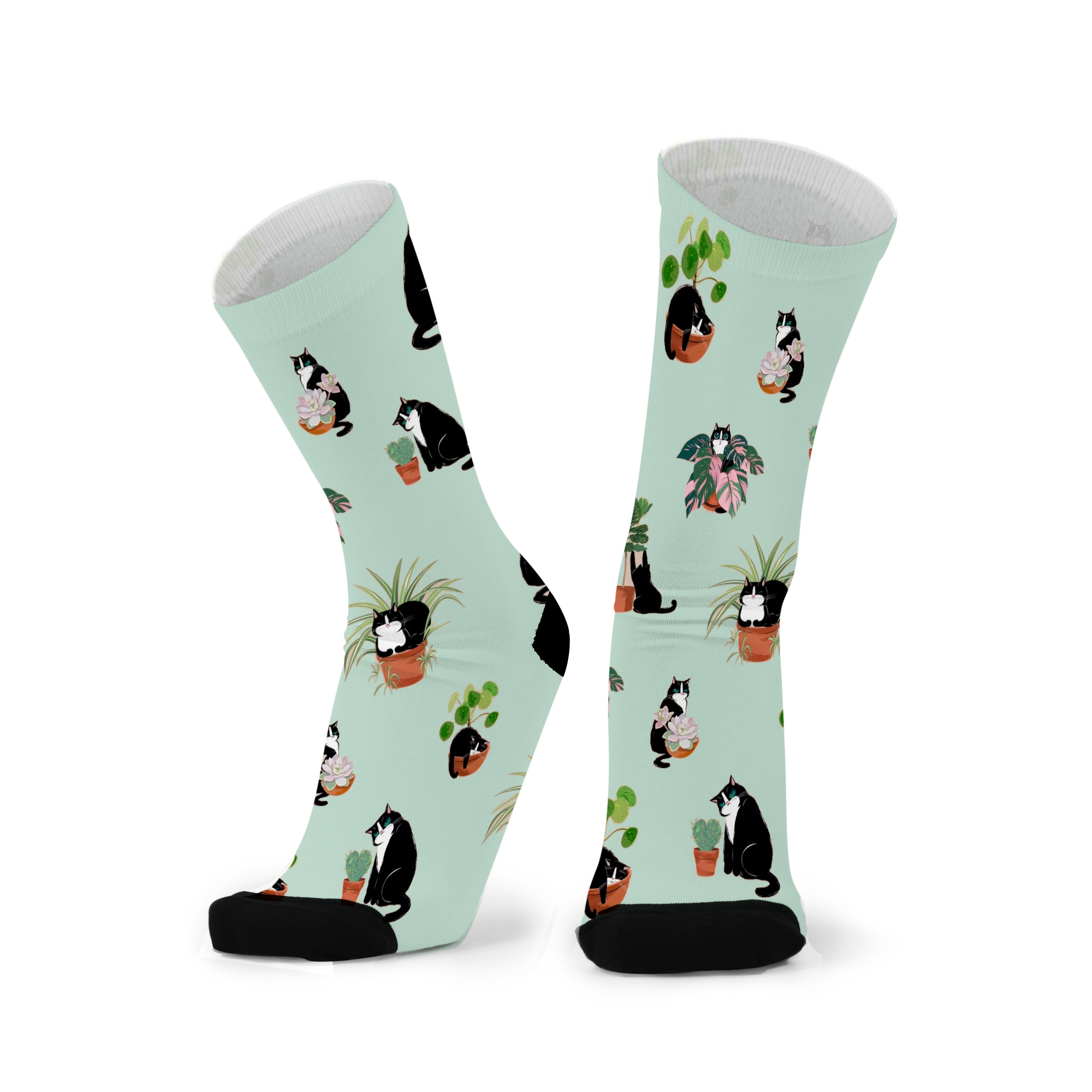 Pair of soft mint green socks with black toes, printed with black-and-white cats sitting among potted plants.