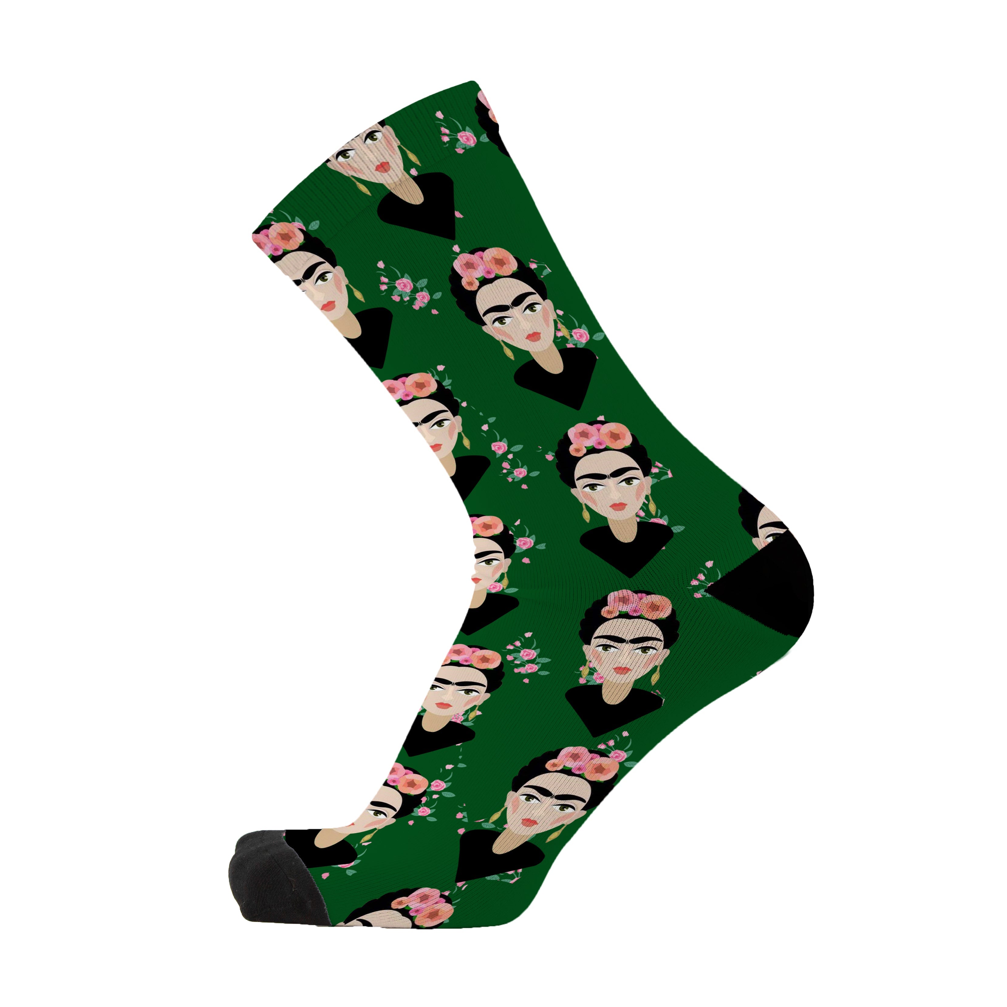 Deep forest green crew sock printed with a repeating portrait of a woman with a pink and white floral crown, with a black toe and heel.